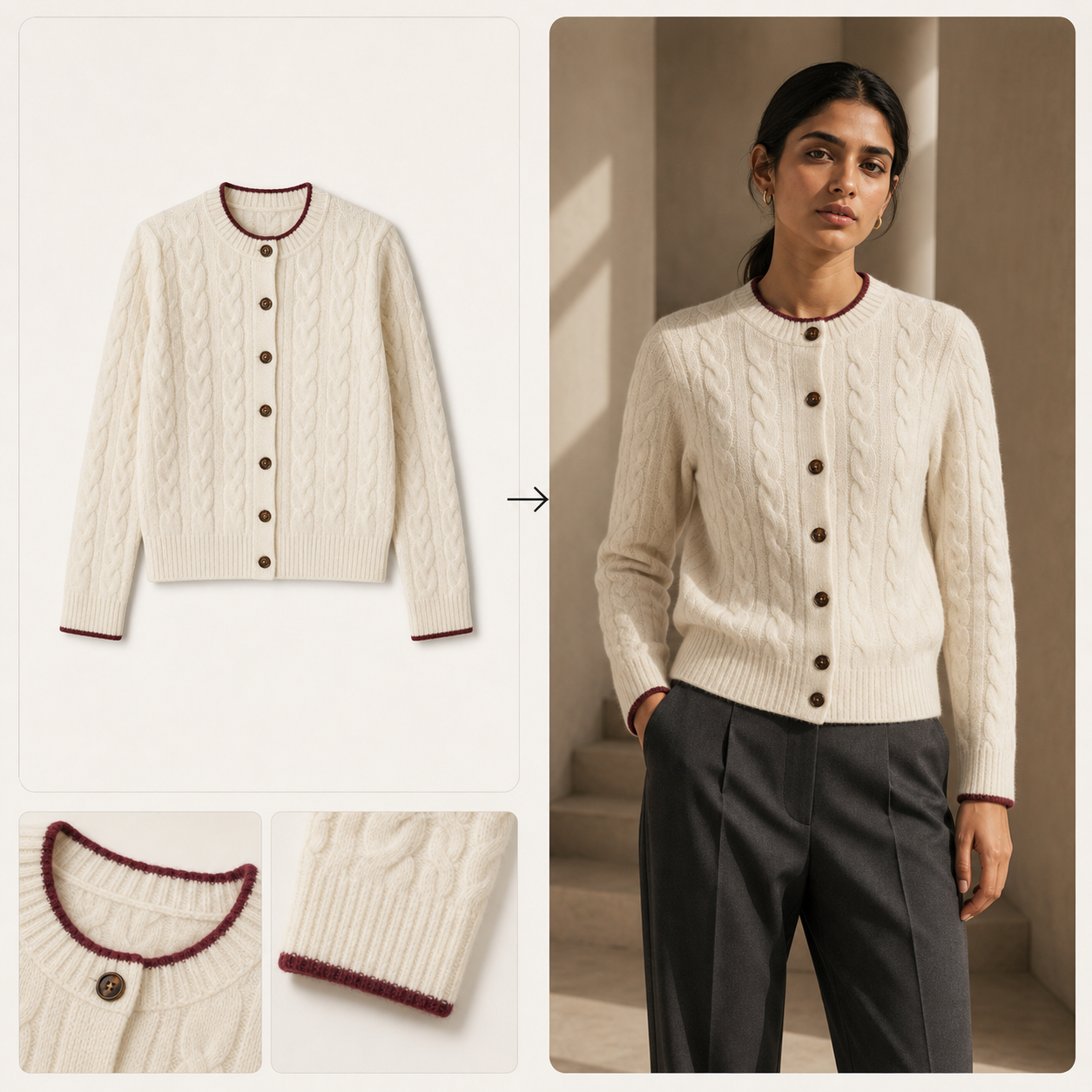 Cream cable-knit cardigan shown as a product photograph and on a fashion model