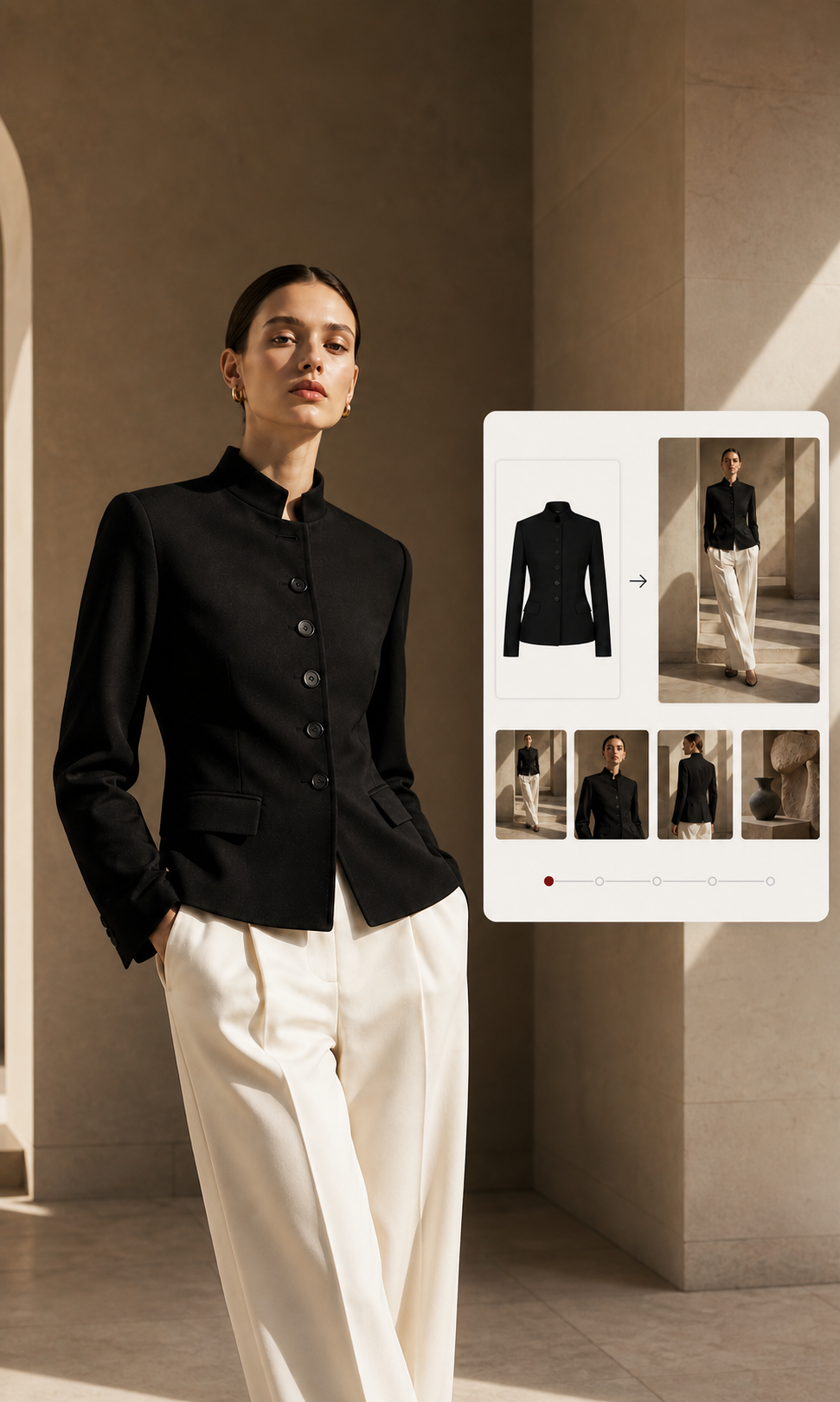 Black tailored jacket shown as a product input and a coordinated on-model fashion campaign